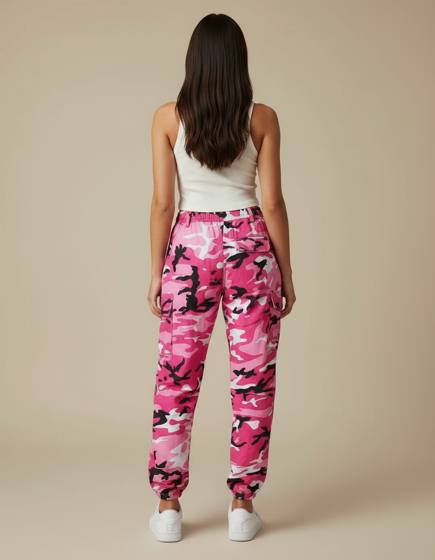 Pantalon Parachute Rose Camouflage Cargo Streetwear Femme - Polyester - vue 2