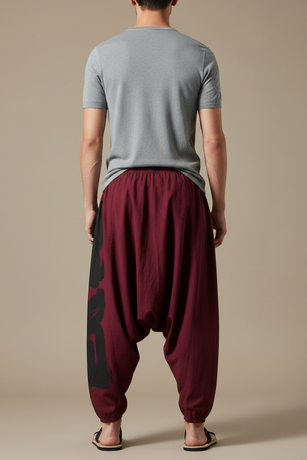 Pantalon Parachute Bordeaux Ample Coton Lin Imprimé - vue 2