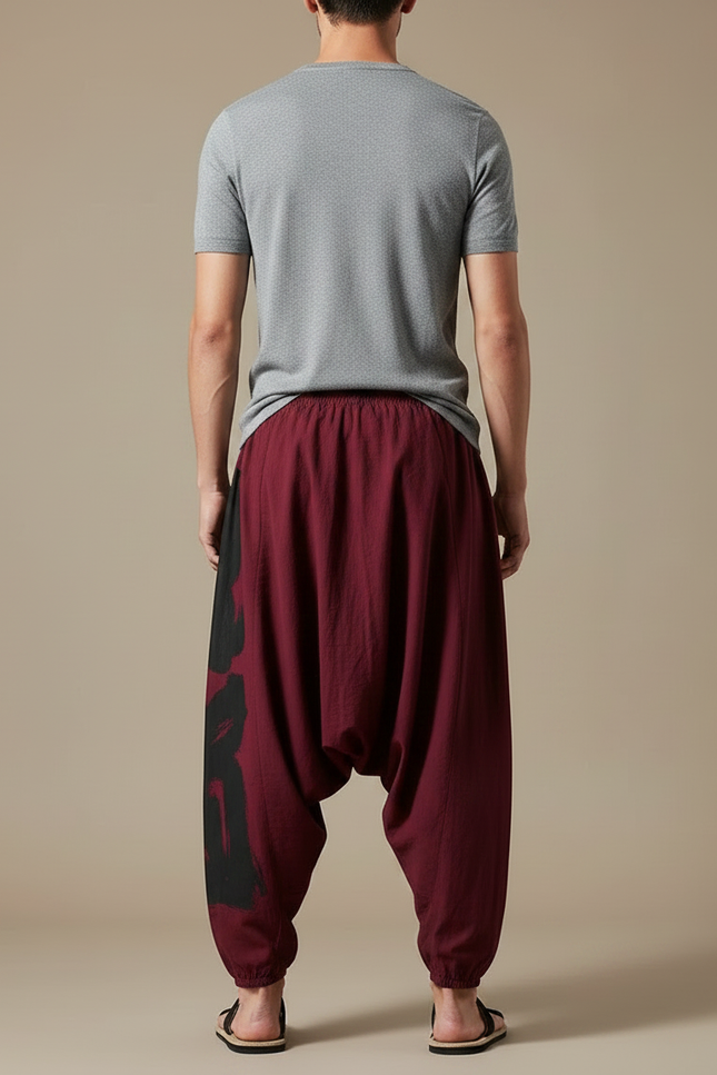 Pantalon Parachute Bordeaux Ample Coton Lin Imprimé - vue 2
