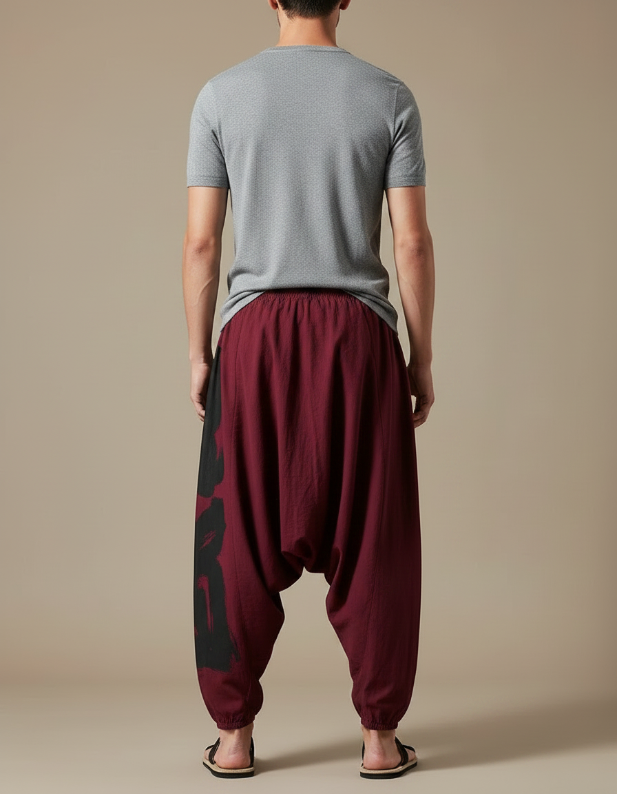 Pantalon Parachute Bordeaux Ample Coton Lin Imprimé - vue 2
