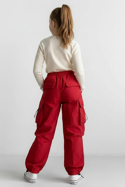Pantalon Parachute Rouge Cargo Ample Fille Streetwear - Polyester - vue 2