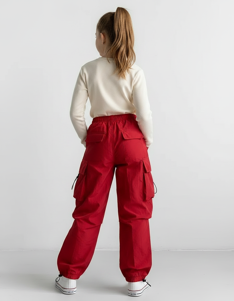 Pantalon Parachute Rouge Cargo Ample Fille Streetwear - Polyester - vue 2