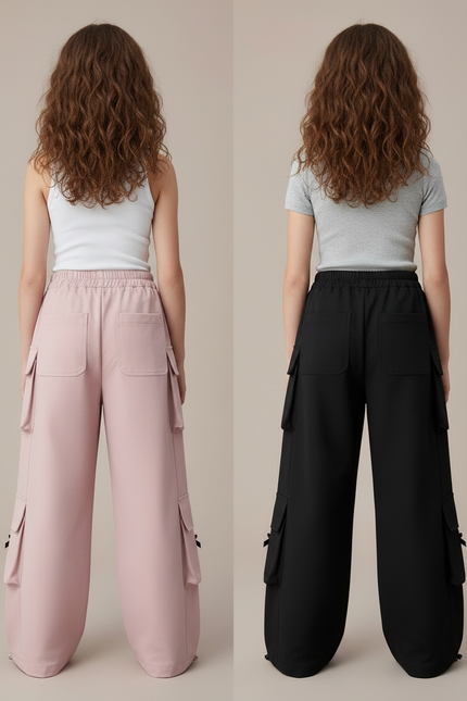 Pantalon Parachute Cargo Ample Rose Noir Fille - Polyester - vue 2