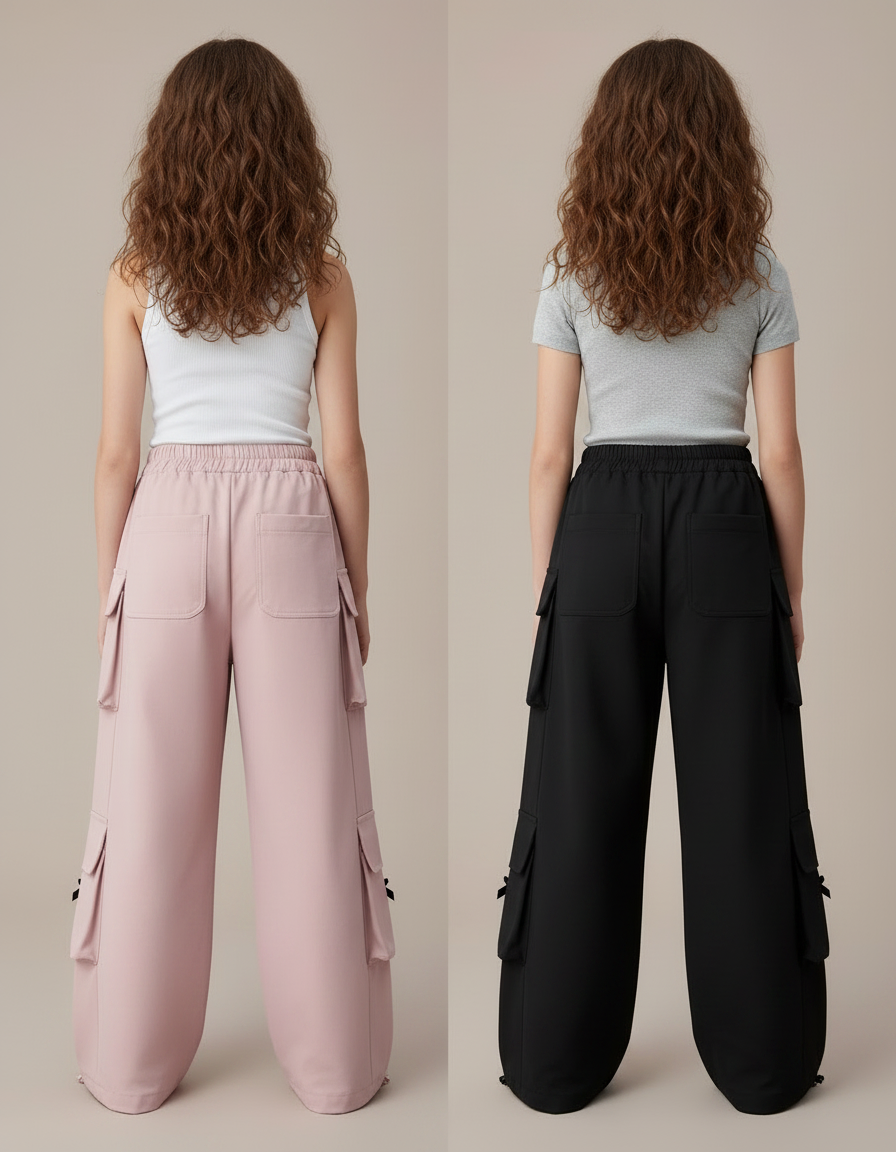 Pantalon Parachute Cargo Ample Rose Noir Fille - Polyester - vue 2