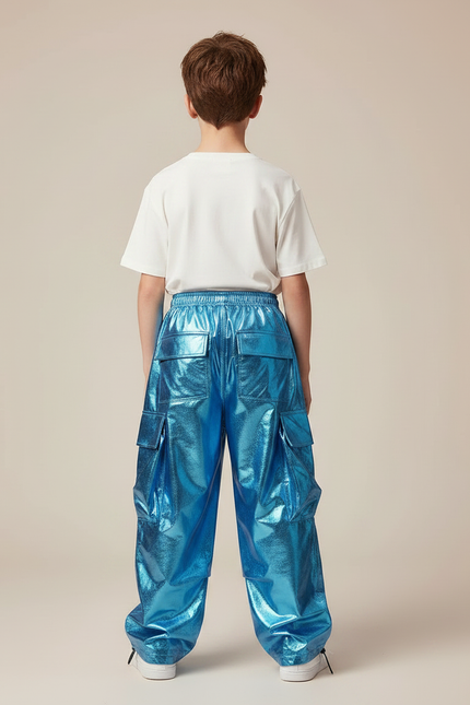 Pantalon Parachute Bleu Brillant Cargo Ample Enfant - Polyester - vue 2