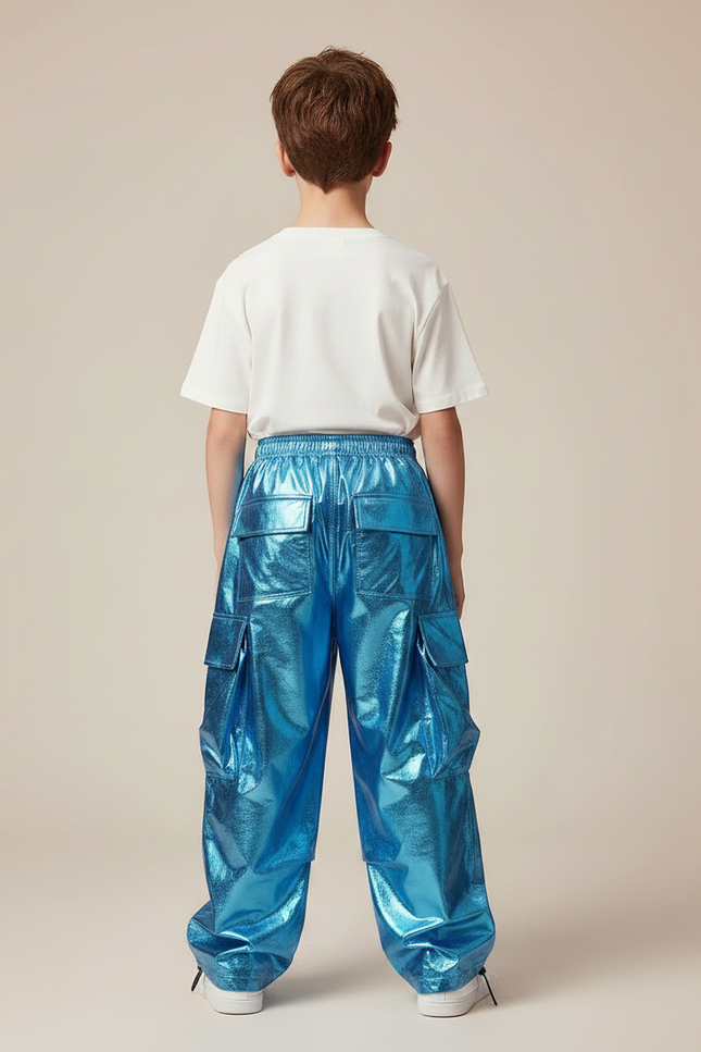 Pantalon Parachute Bleu Brillant Cargo Ample Enfant - Polyester - vue 2