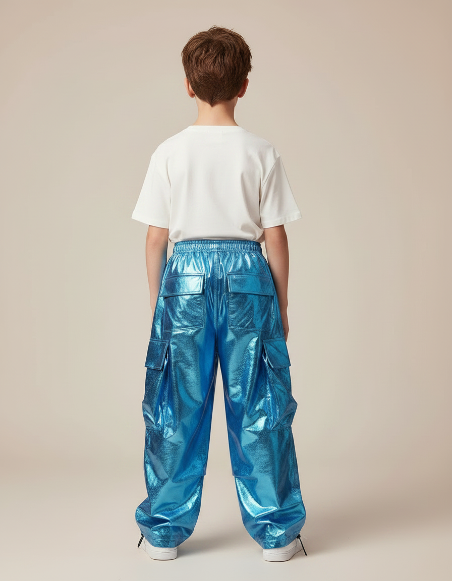 Pantalon Parachute Bleu Brillant Cargo Ample Enfant - Polyester - vue 2