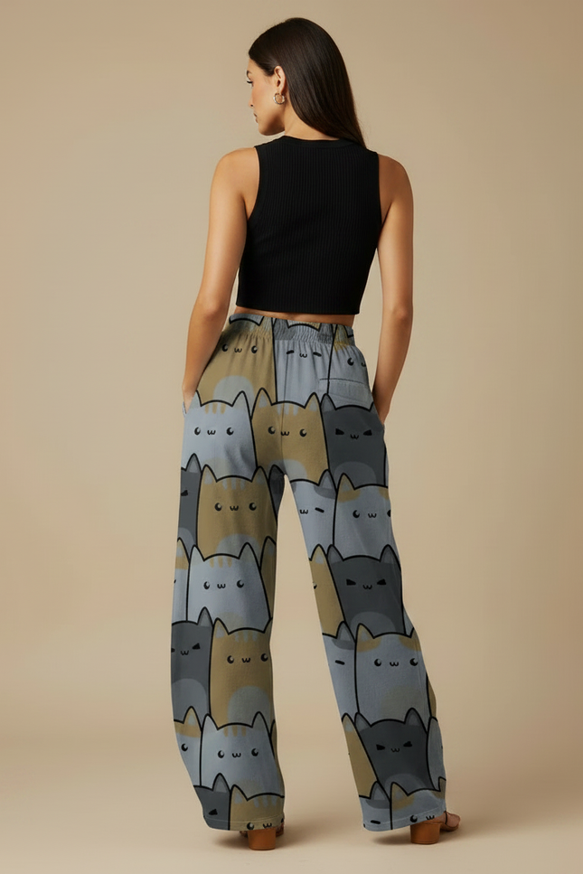 Pantalon Parachute Fluide Imprimé Chats Taille Élastique Femme - Polyester - vue 2