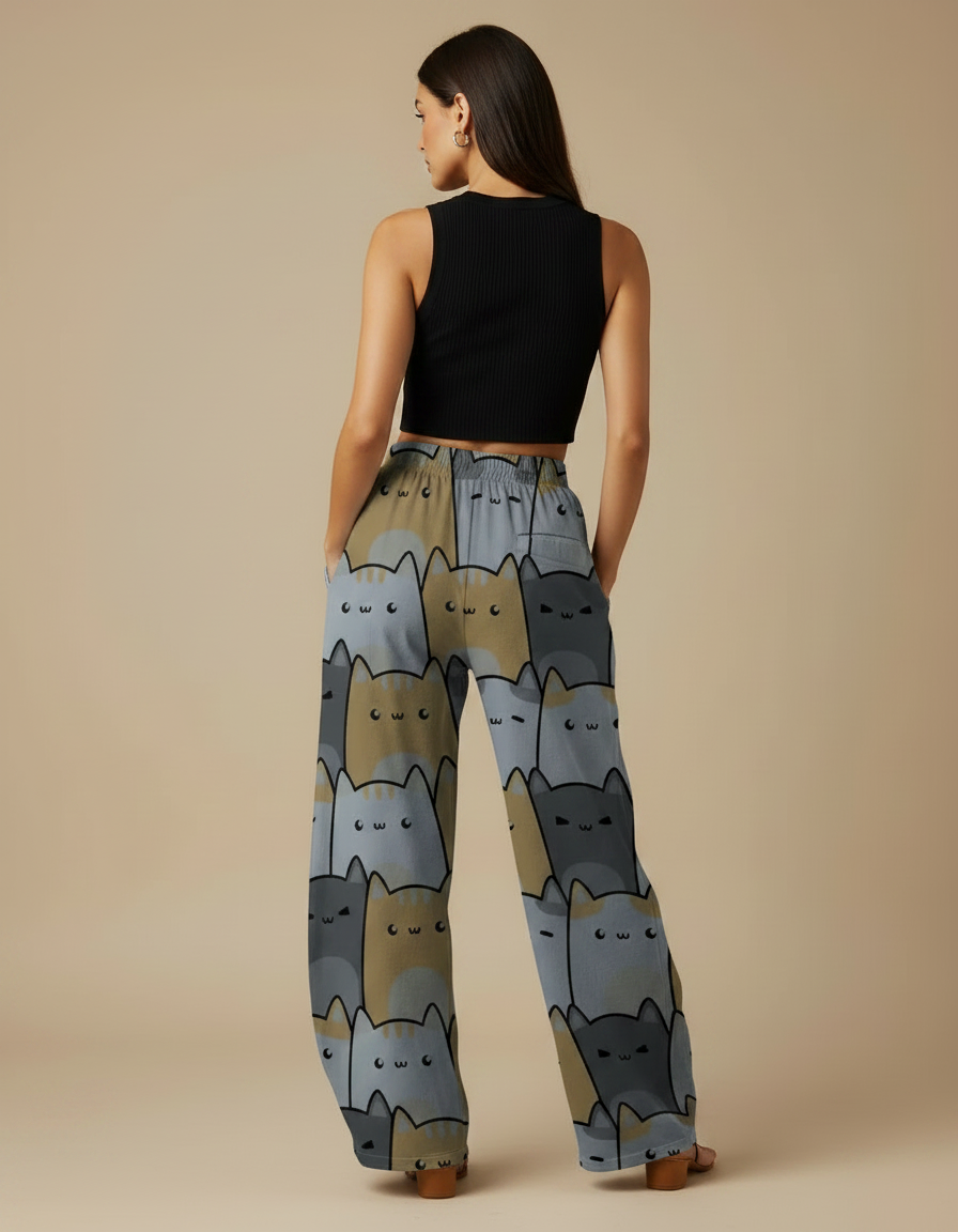 Pantalon Parachute Fluide Imprimé Chats Taille Élastique Femme - Polyester - vue 2