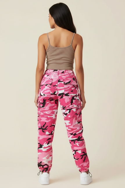 Pantalon Parachute Rose Camouflage Cargo Ample Streetwear Femme - Toile - vue 2