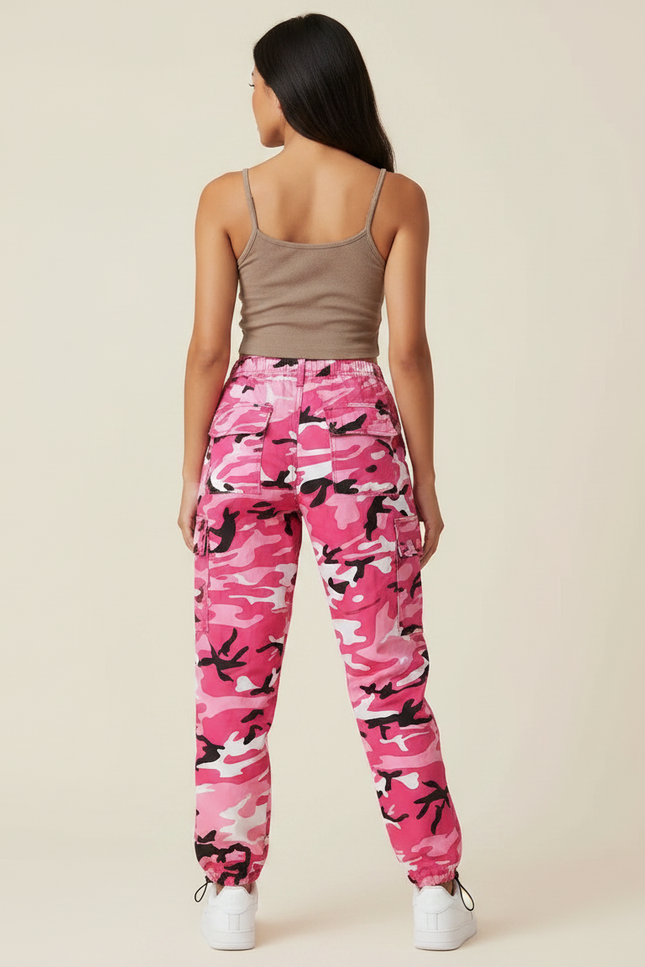 Pantalon Parachute Rose Camouflage Cargo Ample Streetwear Femme - Toile - vue 2