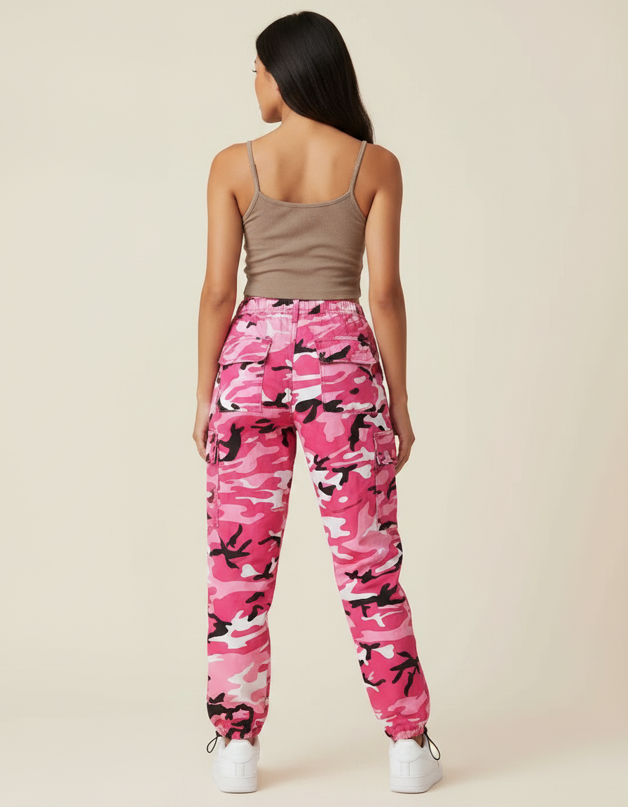 Pantalon Parachute Rose Camouflage Cargo Ample Streetwear Femme - Toile - vue 2
