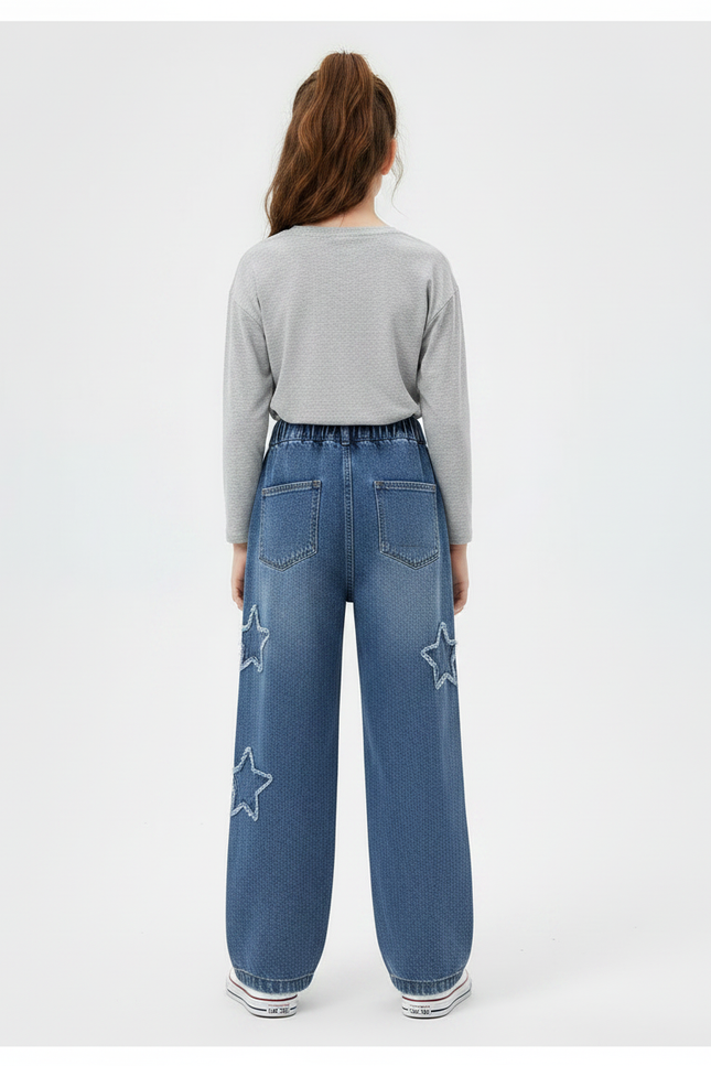 Pantalon Parachute Denim Étoiles Ample Fille Printemps - Bleu Jean - vue 2