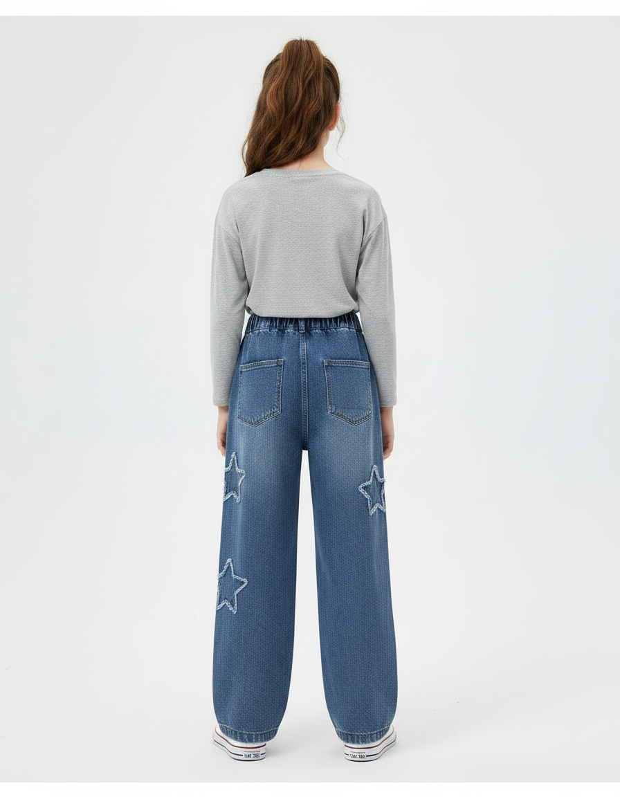 Pantalon Parachute Denim Étoiles Ample Fille Printemps - Bleu Jean - vue 2