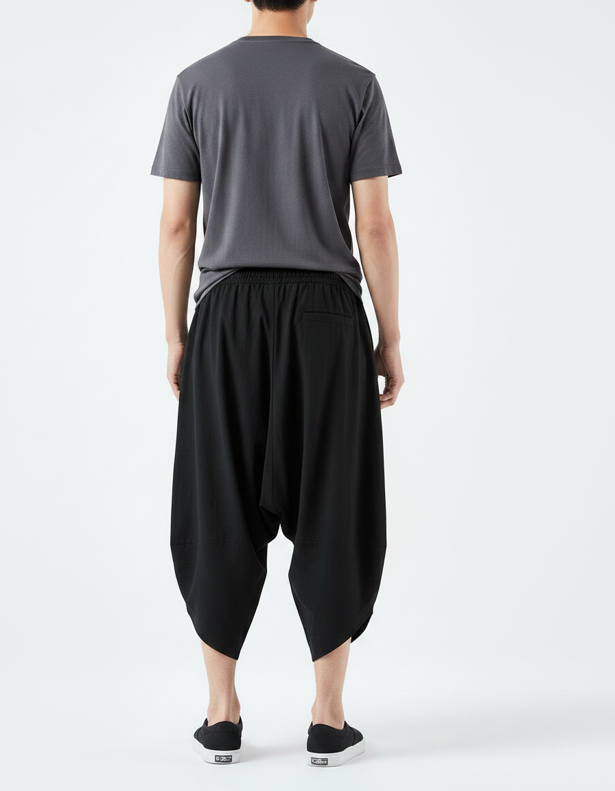 Pantalon Parachute Noir Ample Lin Décontracté Homme - vue 2