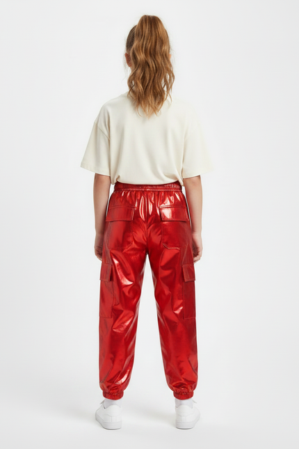 Pantalon Parachute Rouge Métallique Cargo Brillant Enfant - Polyester - vue 2