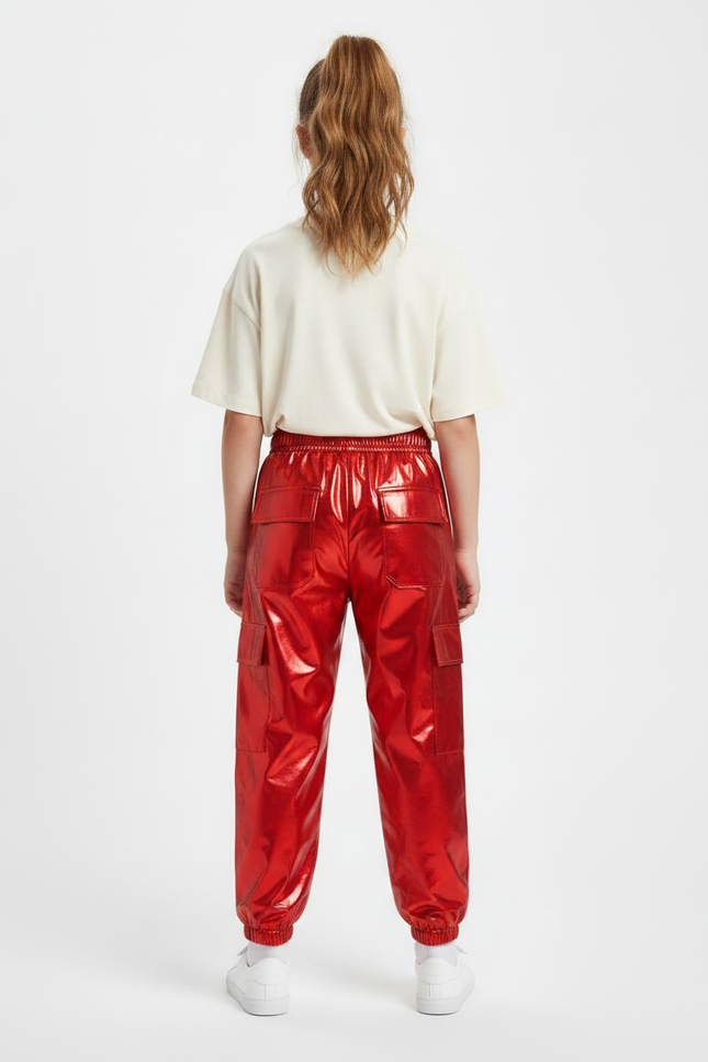 Pantalon Parachute Rouge Métallique Cargo Brillant Enfant - Polyester - vue 2