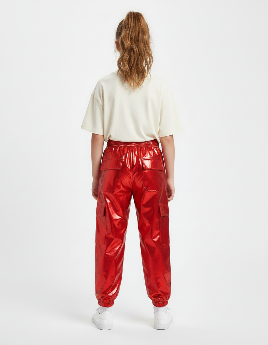 Pantalon Parachute Rouge Métallique Cargo Brillant Enfant - Polyester - vue 2