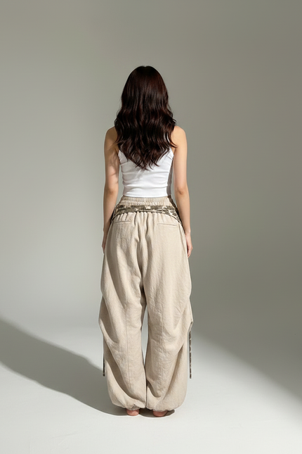 Pantalon Parachute Beige Ample Lin Décontracté Motif - vue 2