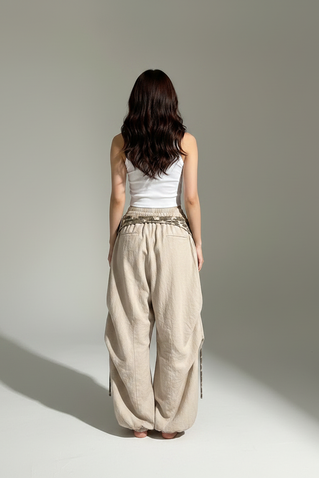 Pantalon Parachute Beige Ample Lin Décontracté Motif - vue 2