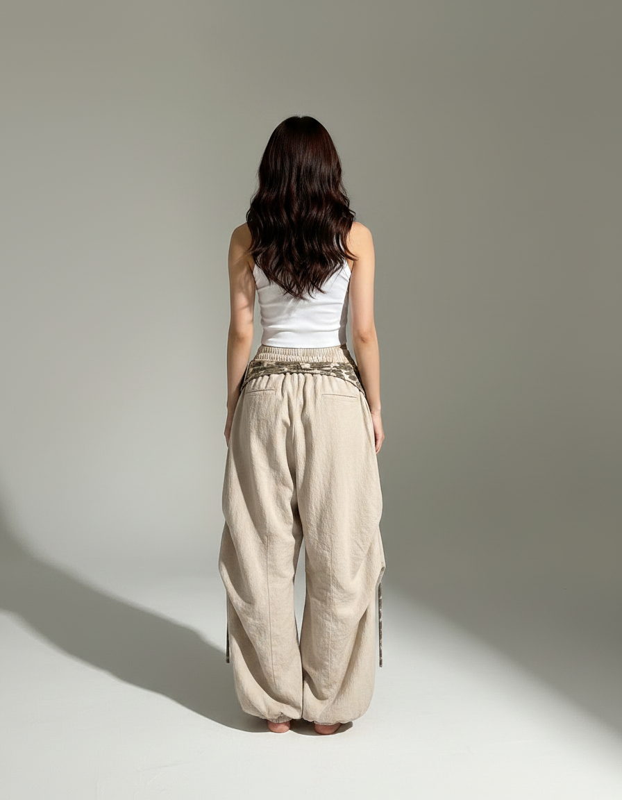 Pantalon Parachute Beige Ample Lin Décontracté Motif - vue 2