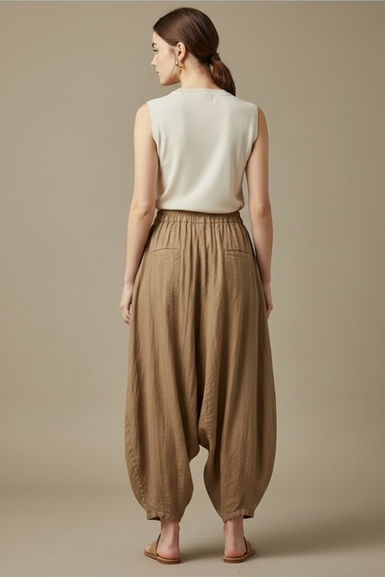 Pantalon Parachute Lin Ample Marron Décontracté Femme - vue 2