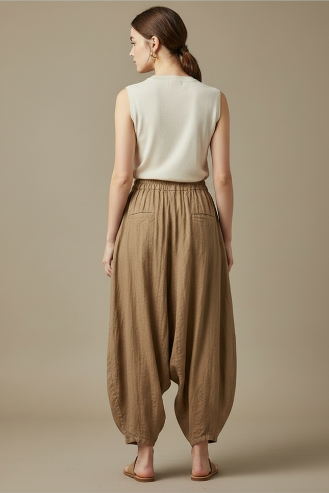 Pantalon Parachute Lin Ample Marron Décontracté Femme - vue 2
