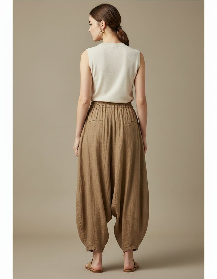 Pantalon Parachute Lin Ample Marron Décontracté Femme - vue 2