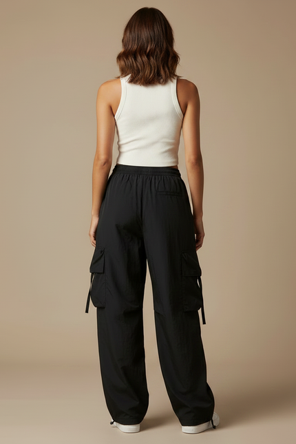 Pantalon Parachute Noir Cargo Ample Femme Décontracté Y2K - Polyester - vue 2