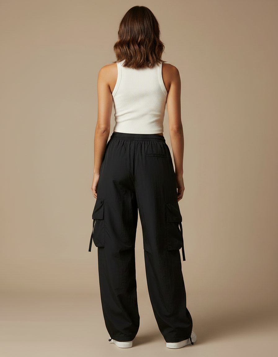 Pantalon Parachute Noir Cargo Ample Femme Décontracté Y2K - Polyester - vue 2