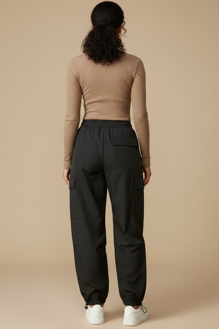 Pantalon Parachute Noir Cargo Ample Femme Multipoches - Polyester - vue 2