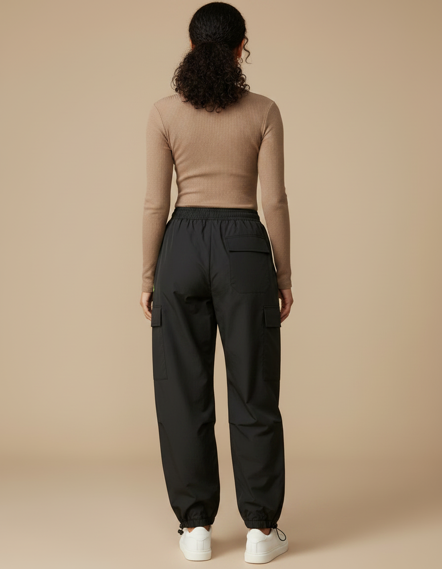 Pantalon Parachute Noir Cargo Ample Femme Multipoches - Polyester - vue 2