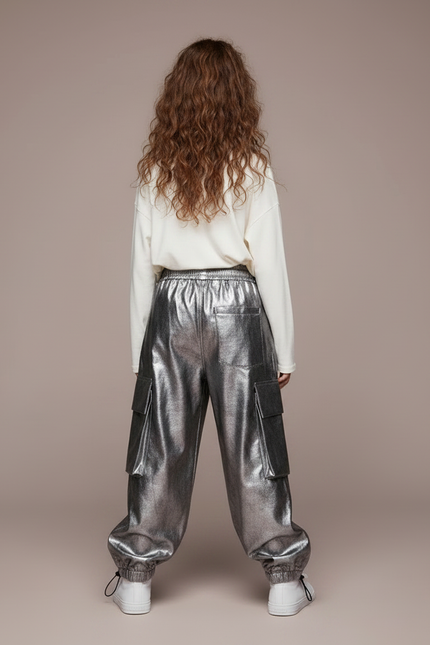 Pantalon Parachute Argenté Cargo Ample Métallisé Enfant - Simili cuir - vue 2