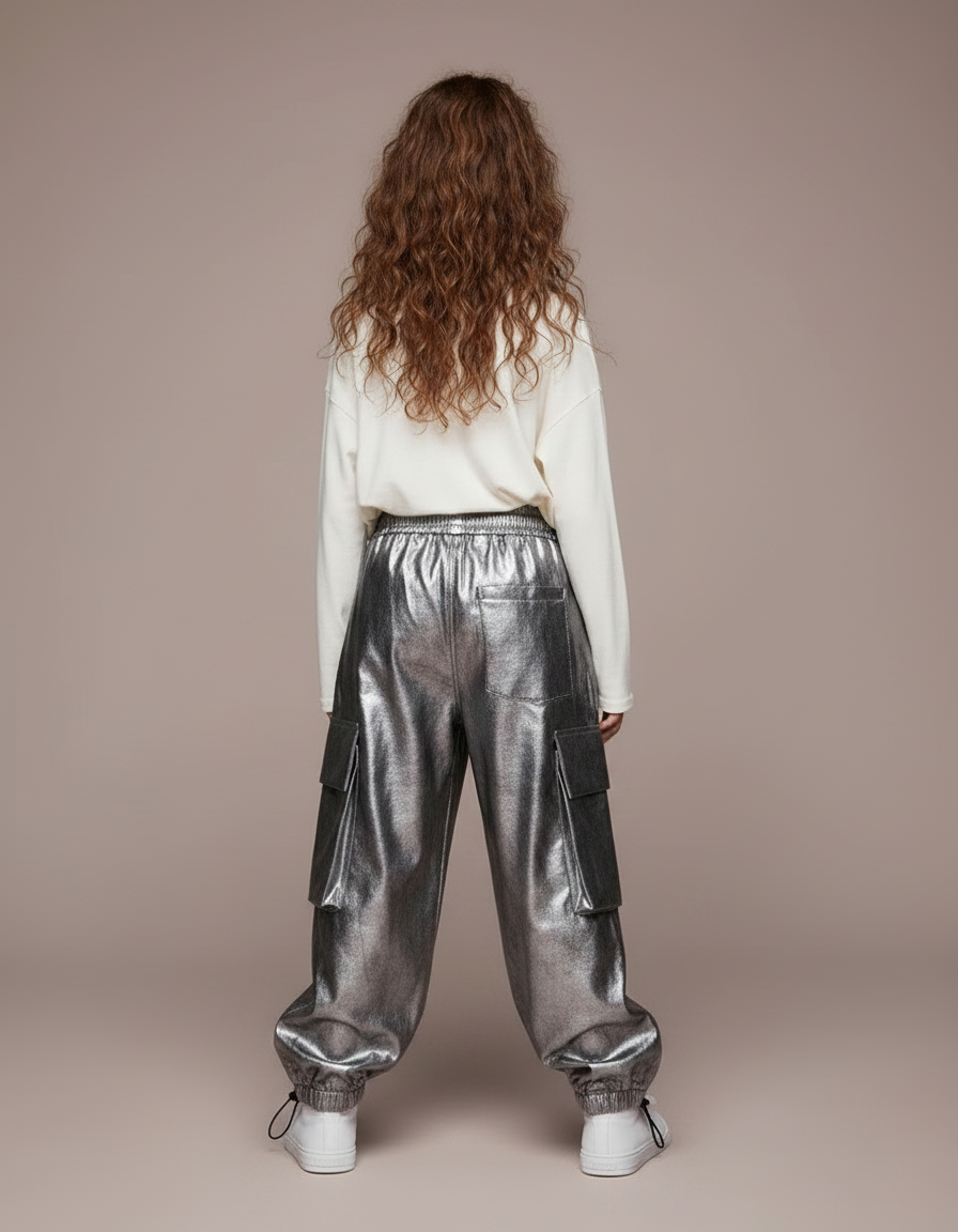 Pantalon Parachute Argenté Cargo Ample Métallisé Enfant - Simili cuir - vue 2