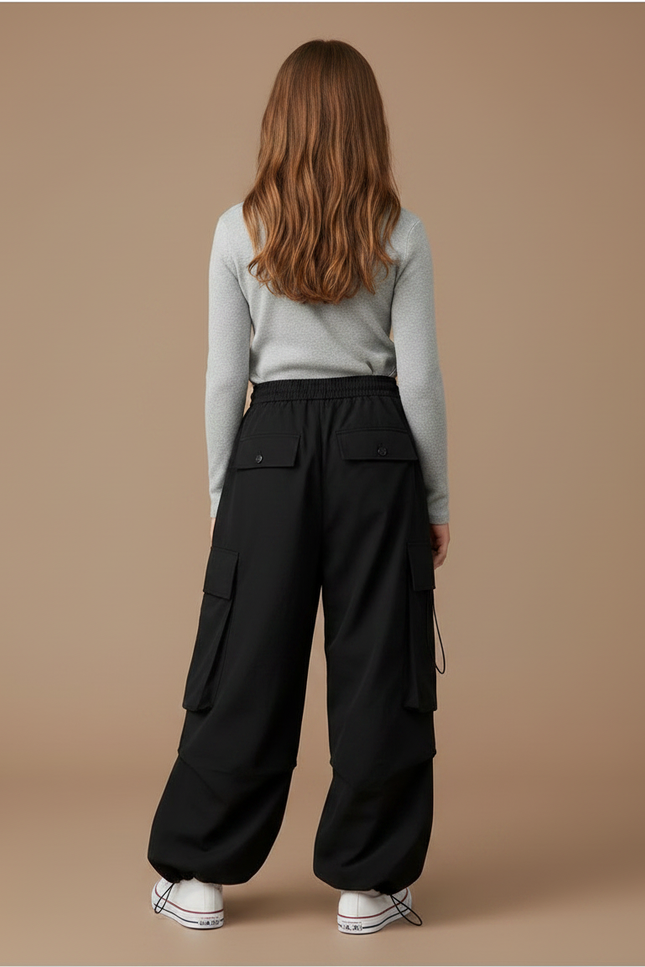 Pantalon Parachute Noir Cargo Ample Coton Fille - Polyester - vue 2
