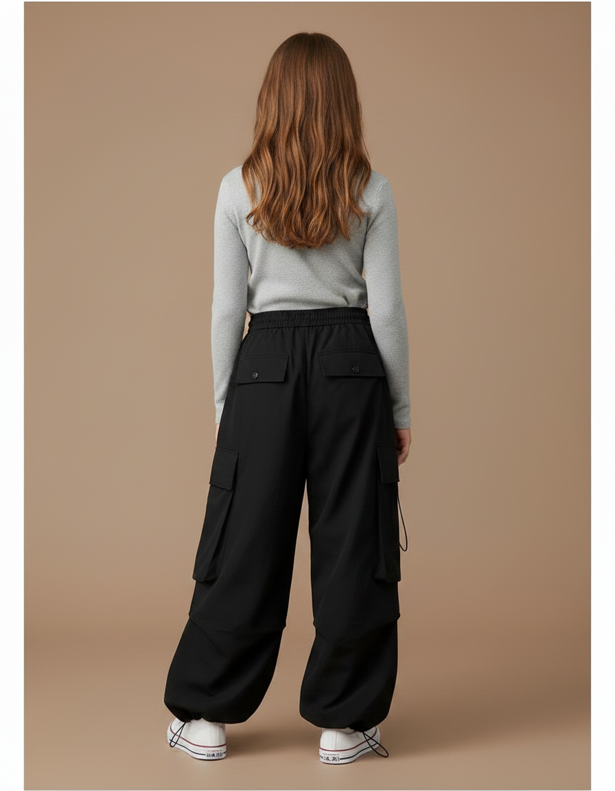 Pantalon Parachute Noir Cargo Ample Coton Fille - Polyester - vue 2