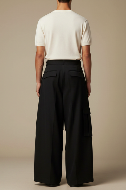 Pantalon Parachute Noir Ample Cargo Plissé Ceinturé - Polyester - vue 2