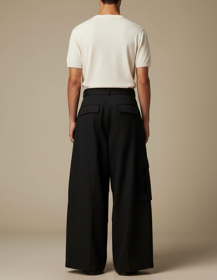 Pantalon Parachute Noir Ample Cargo Plissé Ceinturé - Polyester - vue 2