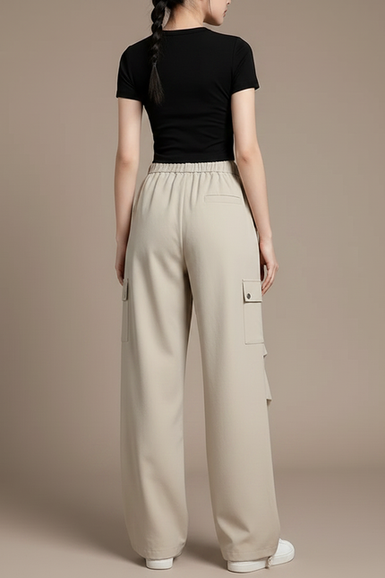 Pantalon Parachute Beige Ample Fluide Cordon Cargo - Polyester - vue 2
