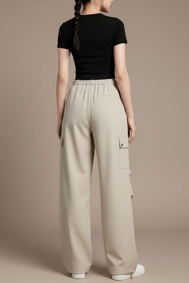 Pantalon Parachute Beige Ample Fluide Cordon Cargo - Polyester - vue 2
