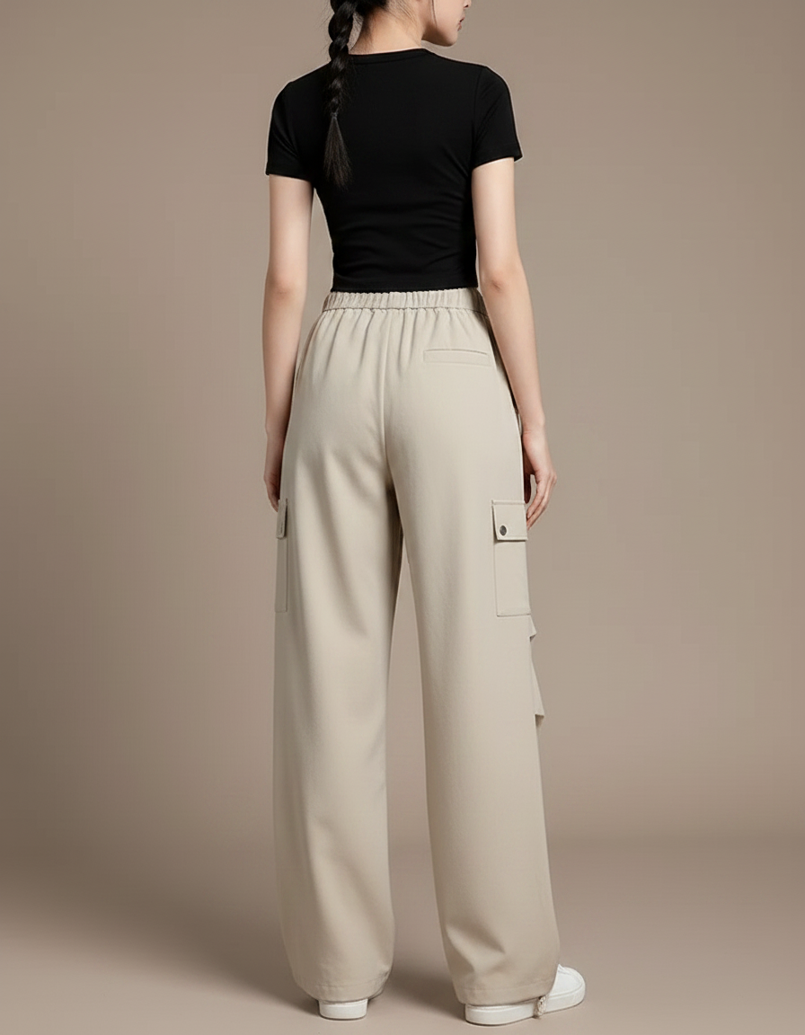 Pantalon Parachute Beige Ample Fluide Cordon Cargo - Polyester - vue 2