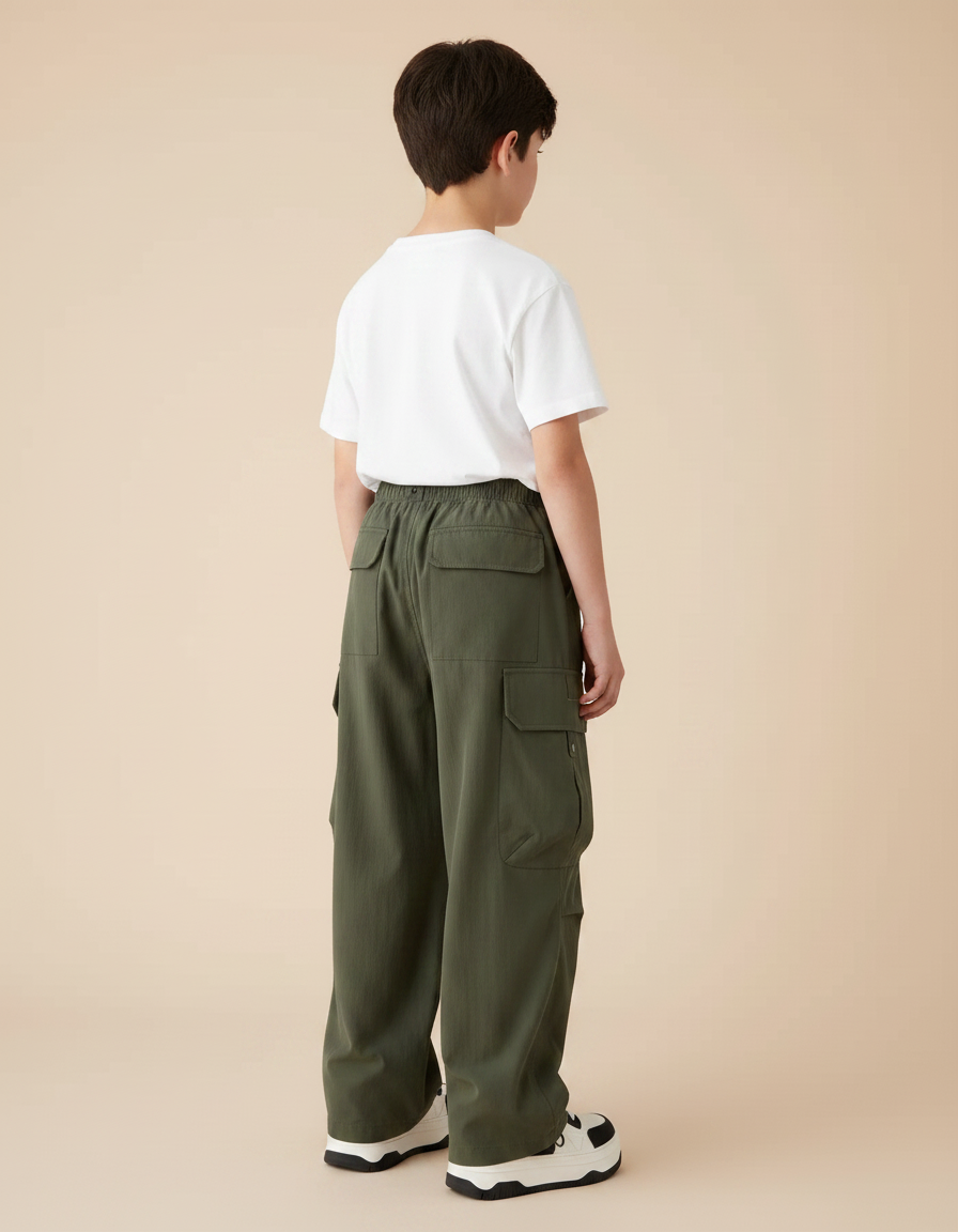Pantalon Parachute Kaki Ample Cargo Garçon Uni - Polyester - vue 2