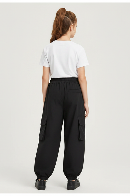 Pantalon Parachute Noir Cargo Ample Cordon Blanc - Polyester - vue 2