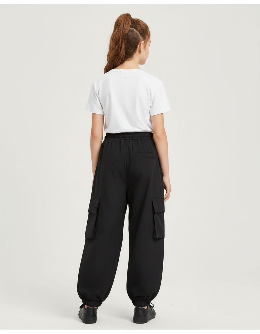 Pantalon Parachute Noir Cargo Ample Cordon Blanc - Polyester - vue 2