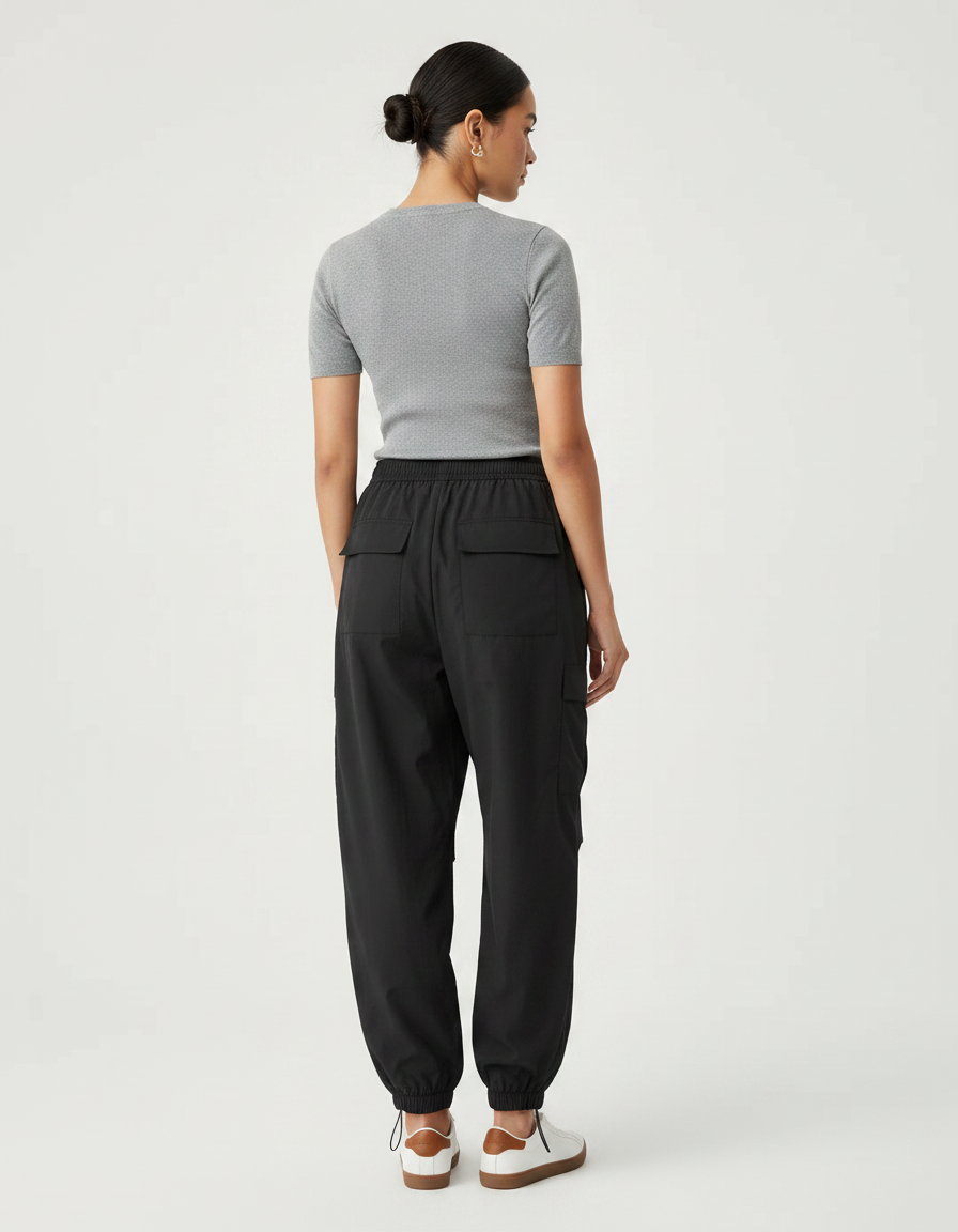 Pantalon Parachute Noir Coupe Cargo Ample Fluide - Polyester - vue 2