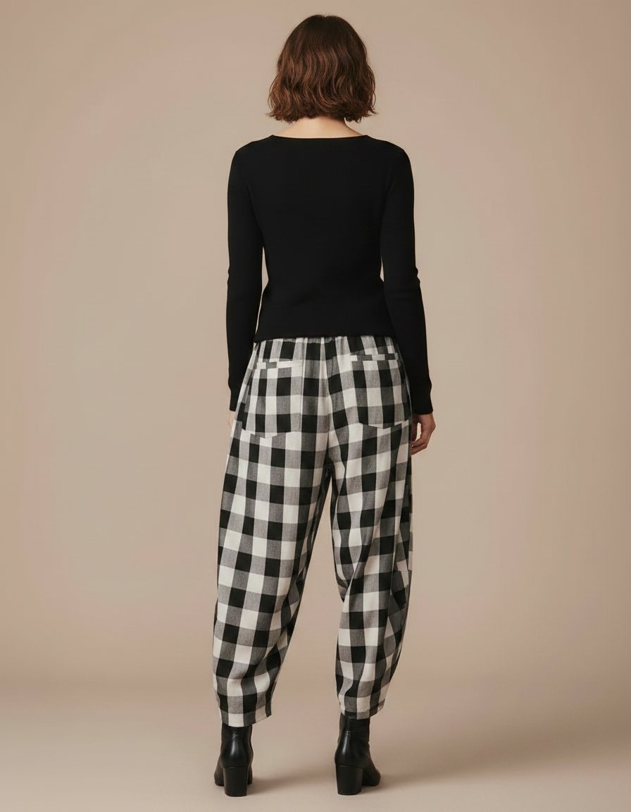 Pantalon Parachute Vichy Noir Blanc Ample Décontracté - Multicolore Coton - vue 2