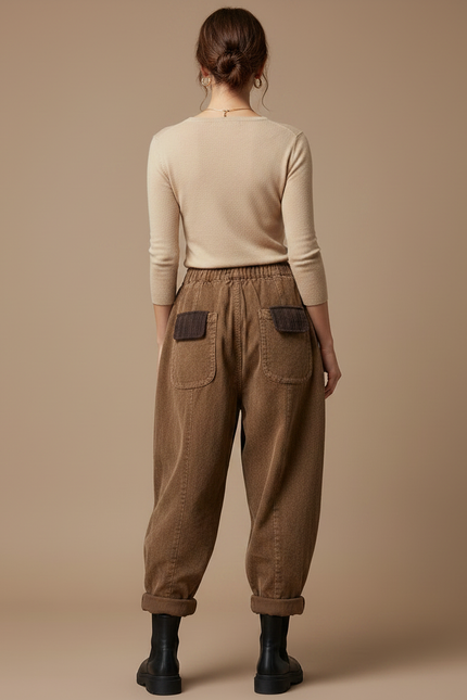 Pantalon Parachute Côtelé Marron Ample Patchwork Femme - Cordé - vue 2