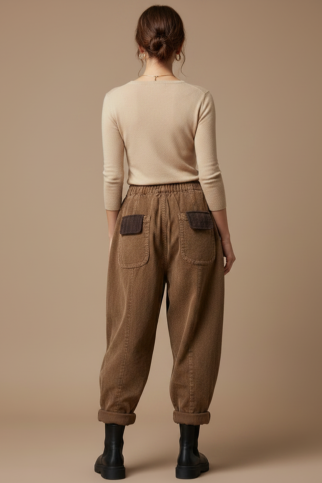 Pantalon Parachute Côtelé Marron Ample Patchwork Femme - Cordé - vue 2