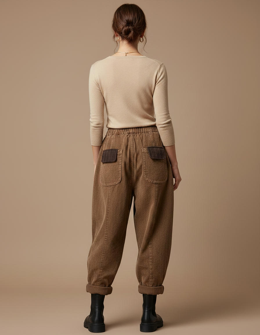 Pantalon Parachute Côtelé Marron Ample Patchwork Femme - Cordé - vue 2