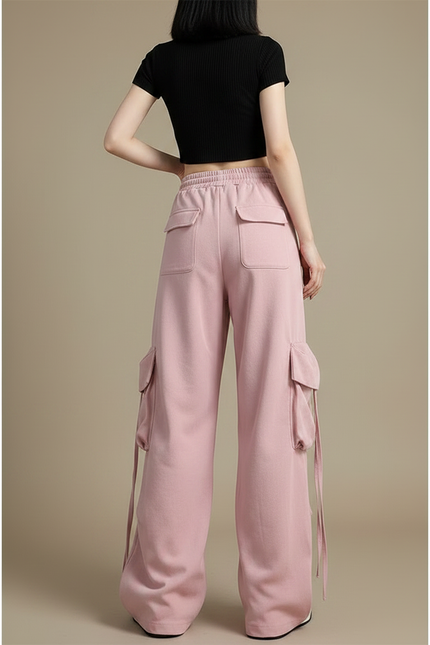 Pantalon Parachute Rose Ample Cargo Cordon Femme - Molleton - vue 2